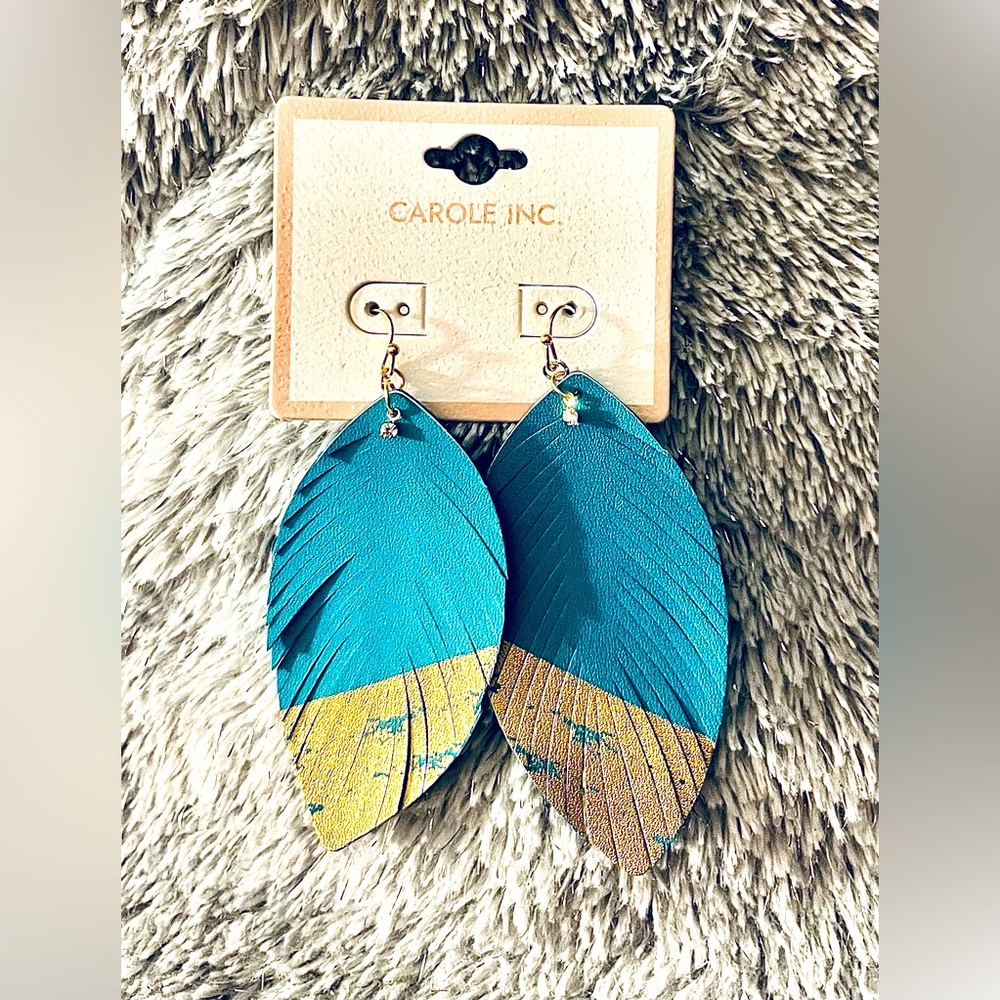 CAROLE INC Gold Dipped Leather Turquoise Leaf Earrings